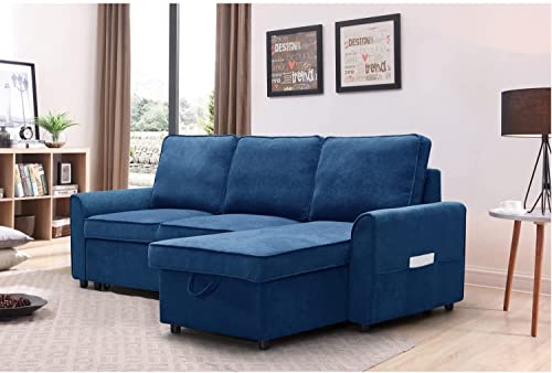 GAOPAN L-Shaped Linen Fabric 3 Seater Corner Couch Sectional Sofa Convertible Sleeper CouchBed for Living Room Bedroom, Pull-Out SofaBed with Reversible Storage Chaise Lounge & Side Pockets, Blue
