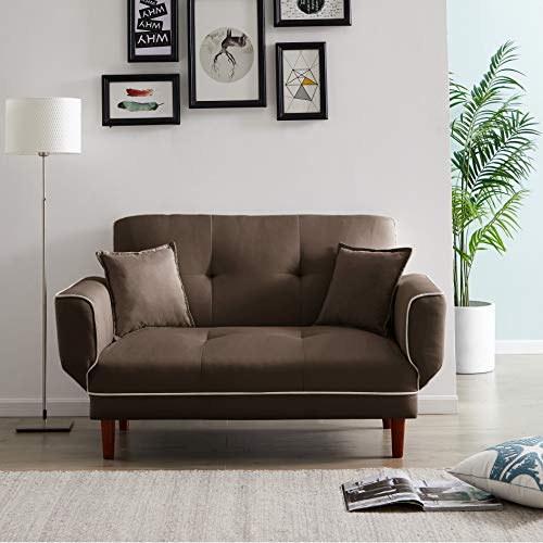 Loveseat Sofa Bed Sleeper Couch Convertible Chaise Lounger Sofa Bed Chair Multi-Function with 2 Pillows, Polyester Fabric Upholstered Sofas for Small Room Apartment, Brown