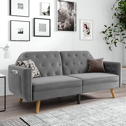 FAMIROSA Futon Sofa Bed, Velvet Upholstered Modern Convertible Folding Futon Lounge Couch for Living Space, Apartment, and Dorm (Gray)