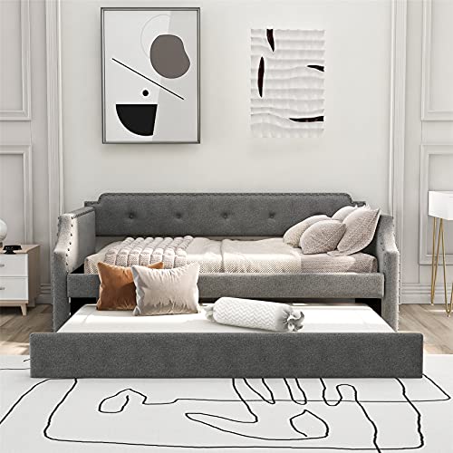 Twin Daybed Upholstered Daybed with Trundle, Twin Size Sofa Bed Wood Bed Frame for Kids/Teens/Girls/Boys, Gray