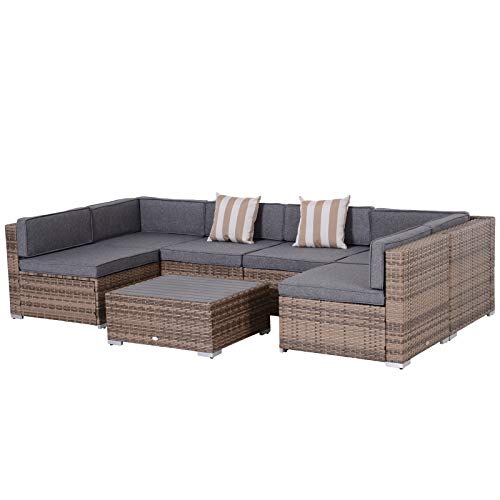 Outsunny 7-Piece Outdoor Wicker Patio Sectional Sofa Set, Modern Rattan Conversation Furniture Set with Cushions & Table, Grey