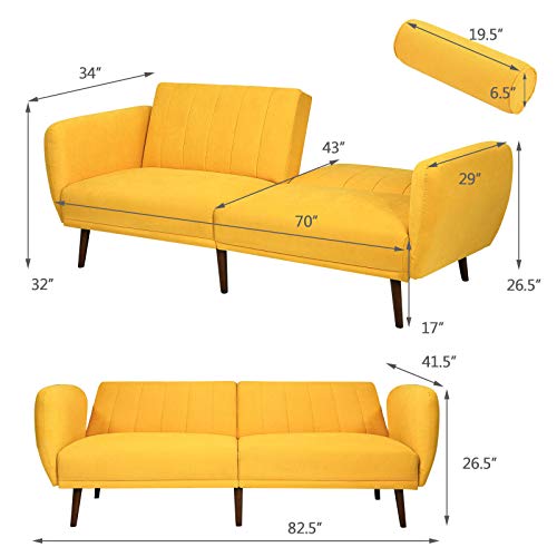 Giantex Foldable Futon Sofa Bed, Convertible Sofa Couch Upholstered Futon Sleeper Sofa with Pillow, 3-Level Angle Adjustable, Pull Out Futon Bed Ideal for Compact Living Room Apartment, Dorm (Yellow)