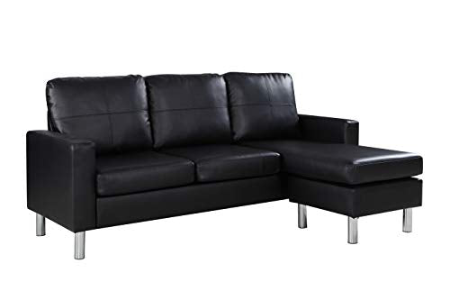 Modern Bonded Leather Sectional Sofa - Small Space Configurable Couch - Black