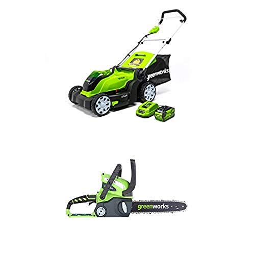 Greenworks 17-Inch 40V Cordless Lawn Mower with 12-Inch 40V Cordless Chainsaw Battery Not Included 20292