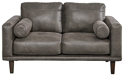 Signature Design by Ashley Arroyo Mid Century Modern Faux Leather Loveseat, Dark Gray
