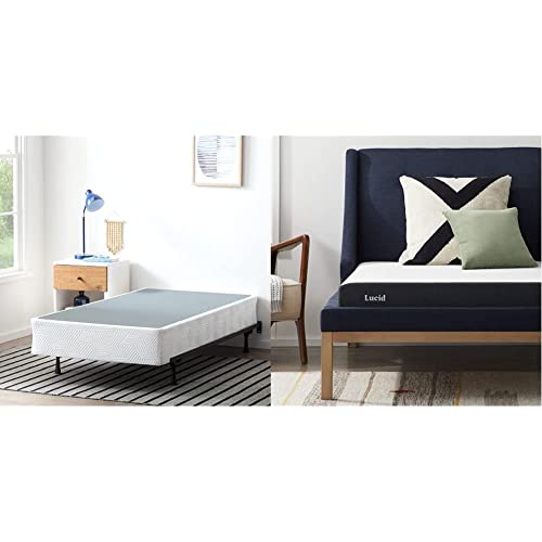 Lucid 5 Inch Memory Foam Bamboo Charcoal Mattress and 9 Inch Steel Foldable Twin XL Box Spring Foundation with Center Support Bolts and Cover