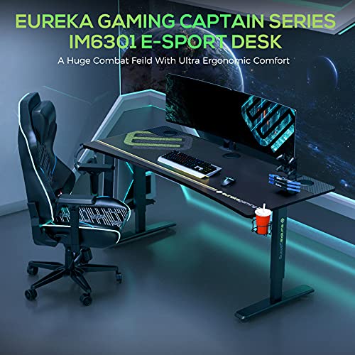 EUREKA ERGONOMIC 63 Inch Large Black Height Adjustable Home Office PC Computer Gaming Desk, Curved Edge Table for 3 Monitors, with Metal Legs Full Mouse Pad Controller Stand Cup Holder Headphone Hook