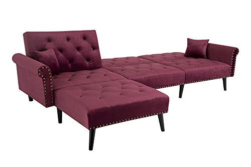 Upholstered Mid Century Sectional Sofa Futon Couch with Reversible Chaise with Adjustable Back Sofa Bed (Wine Red)
