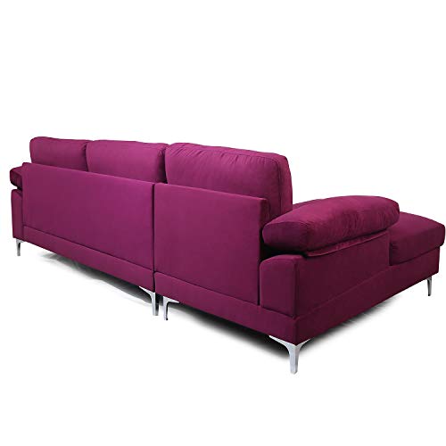 Purple Sectional Sofa with Lounger Chaise,JULYFOX Overstuffed 3 Seater Velvet Fabric Couch L-Shaped Sofa Extra Wide Armrest 42.5 inch Longer Lounger Chaise