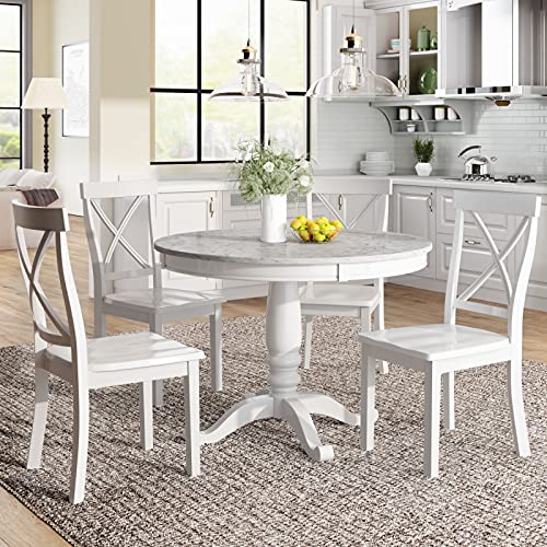 Timpfee Harper Bright Designs 5 Piece Dining Set Rubber Wood/ 1 Table with Marble Top and 4 Chair/Kitchen Room Dining Room Furniture (White)