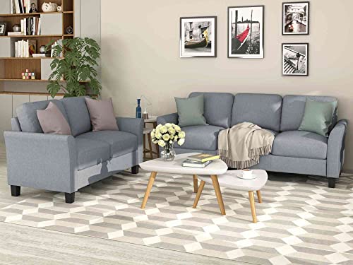 Cotoala 2 Piece Living Room Sectional Sofa Sets, Modern Upholstered Couch Furniture, One Three-Seat Chair & Loveseat, 2+3, Fabric Grey