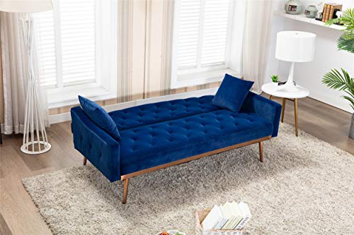 Velvet Futon Sectional Sofa Bed GoTen Modern Convertible Loveseat Sleeper Couch with 2 Pillows Rose Gold Metal feet Detachable Armrests for Living Room (Navy Blue)