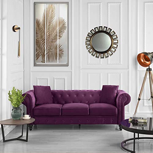 Casa Andrea Milano LLC Classic Velvet Scroll Arm Tufted Button Chesterfield Sofa (Grey), Large, Purple