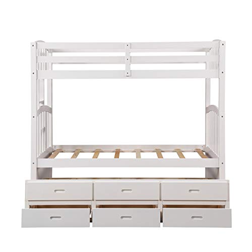 Solid Wood Bunk Beds for Kids, Hardwood Twin Over Twin Bunk Bed Frame with Trundle and Storage Drawers, Harper&Bright Designs Twin-Over-Twin Trundle Bunk Bed with Guard Rail and Drawers (White)