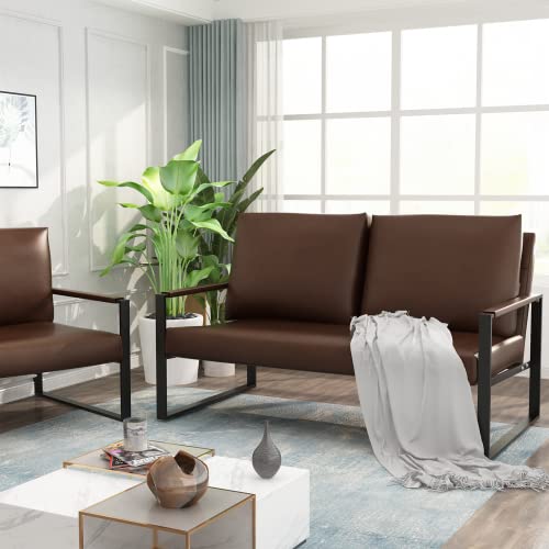 AWQM Mid-Century Loveseat and Accent Chair Set, Upholstered Modern Solid Faux Leather Armchair and Loveseat Sofa, 105 Degree Slant Back, Living Room Chair with Thick Padded Seat and Backrest- Brown