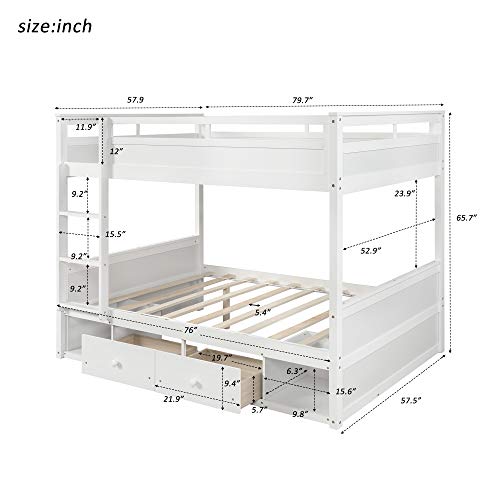 Harper & Bright Designs Full Over Full Bunk Bed, Solid Wood Full Bunk Bed Frames with Two Drawers and Two Storage, Guardrail for Kids, Teens, Adults