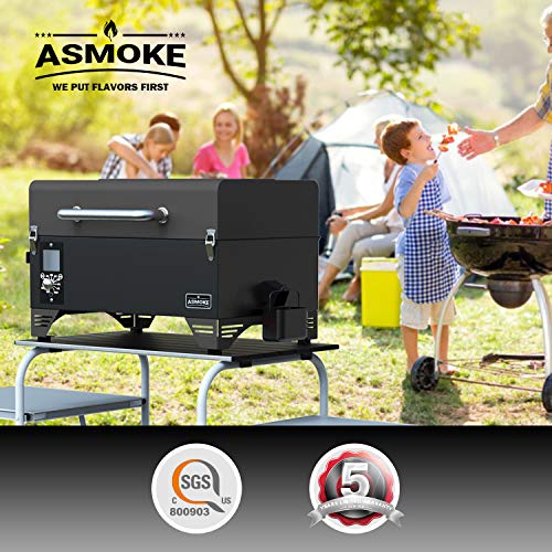 ASMOKE AS300 Electric Portable Wood Pellet Tailgating tabletop Grill and Smoker w/ Waterproof Cover and Stainless Steel Meat Probe,256 Sq. in. Cooking Area,8 in 1 BBQ Set,PID Control,Cinder Black