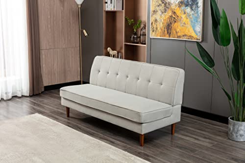 AOOWOW Modern Armless Futon Sofa, Living Room Couch,Mid-Century Tufted Linen Upholstered Sofa Couch with Wood Legs for Compact Living Space, Apartment (Beige)