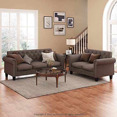 FURINNO Bastia Vintage Modern Chesterfield Button Tufted 3-Seater Sofa Couch for Living Room, Brown Faux Leather