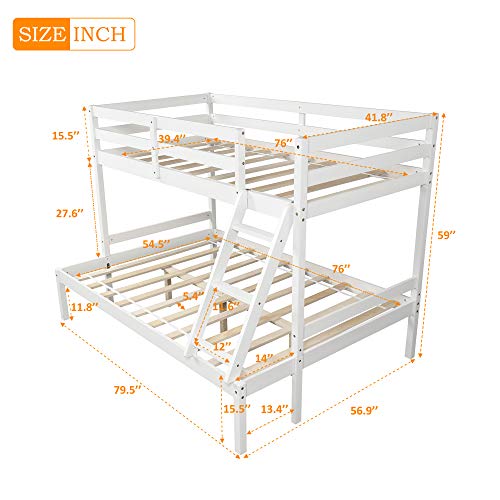Twin Over Full Bunk Bed, Solid Hardwood Bunk Beds for Kids with Ladder and Safety Rail, Children Wooden Bunk Beds for Bedroom, Dorm, White