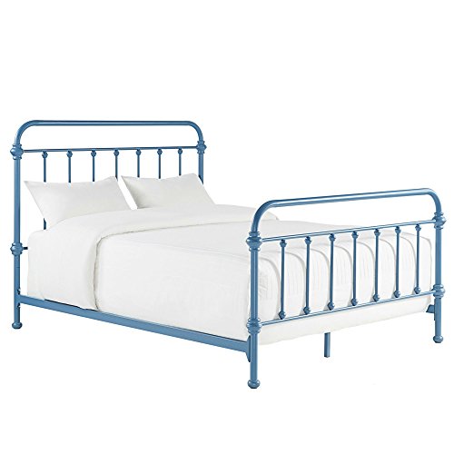 Modern Transitional Metal Bed with Curved Foot Headboards and Accented with Round Finials - Includes Modhaus Living Pen (King, Blue)