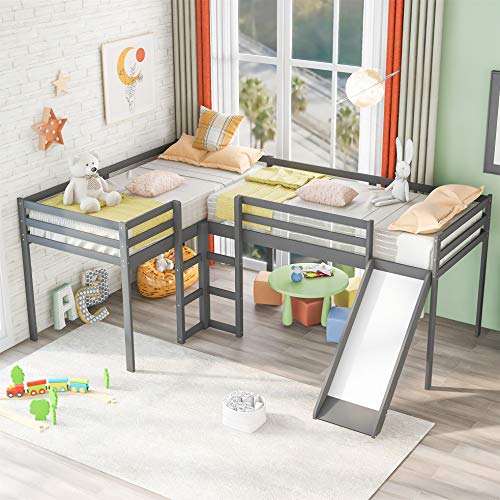 L-Shaped Loft Bed with Slide, Wooden Loft Beds for 2 Kids , Twin Size Loft Bed with Built-in Ladders, Gray