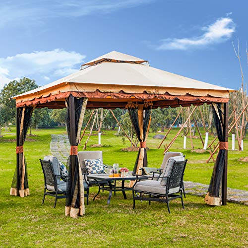 LOKATSE HOME x 9.8’ Patio Canopy Gazebo Shelter Soft-Top Garden Tent with Mosquito Netting and Shade Curtains for Backyard, Lawn, Deck, 9.8inch