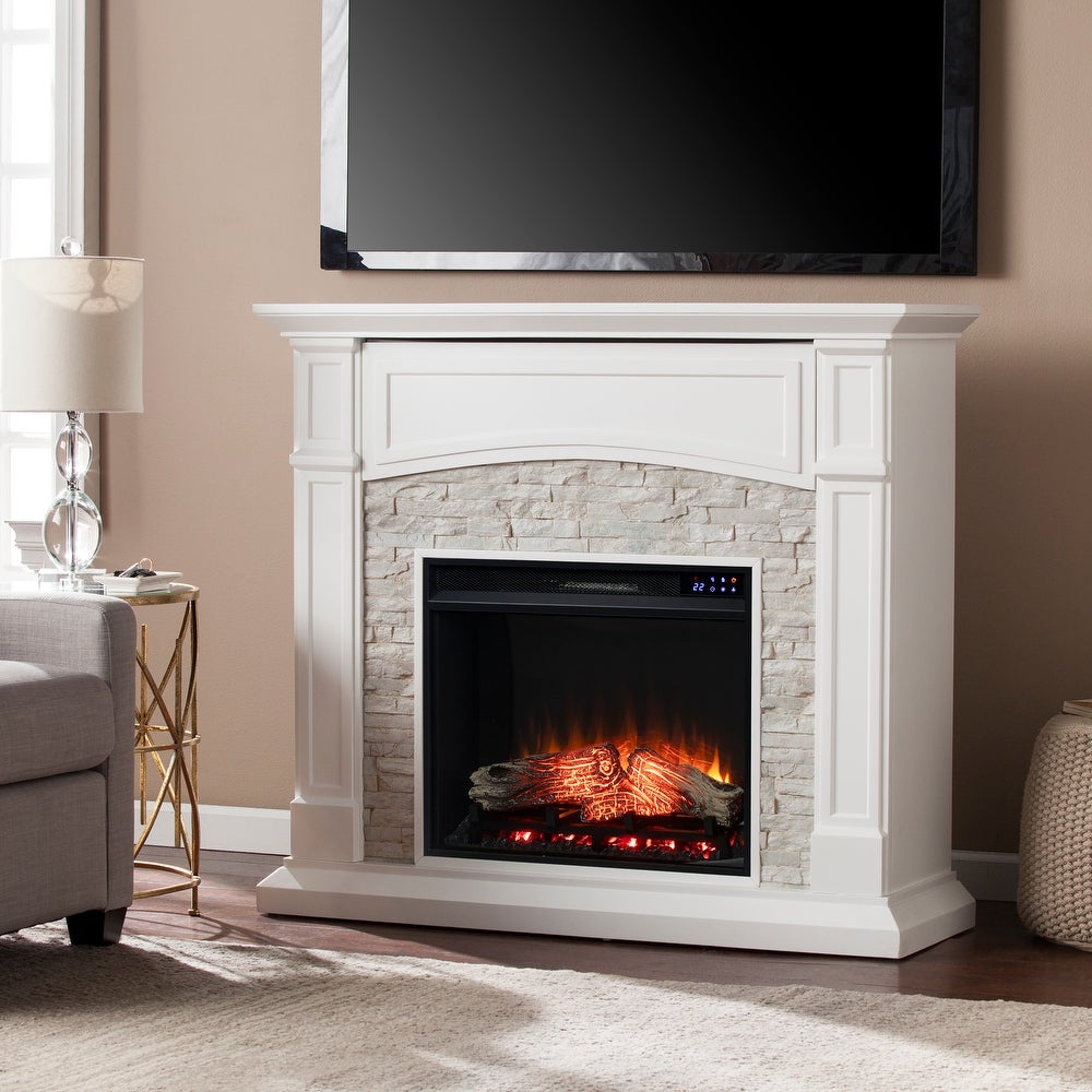 Copper Grove Helliwell White Faux Stone Electric Media Fireplace - Mirrored Reflector Firebox