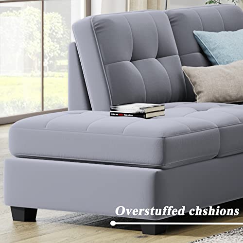 STARTOM Modern 3 Piece Living Room Furniture Set, Microfiber Upholstered Sectional Sofa with Reversible Chaise Lounge, Storage Ottoman & Cup Holders, Grey