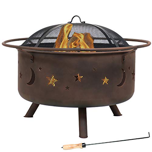 Sunnydaze Cosmic Outdoor Fire Pit - 30 Inch Round Bonfire Wood Burning Patio & Backyard Firepit for Outside with Cooking BBQ Grill Grate, Spark Screen, and Fireplace Poker, Celestial Design