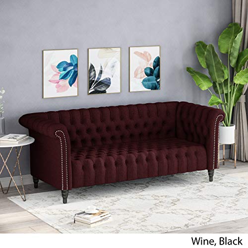 Edgar Traditional Chesterfield Sofa with Tufted Cushions, Wine and Black