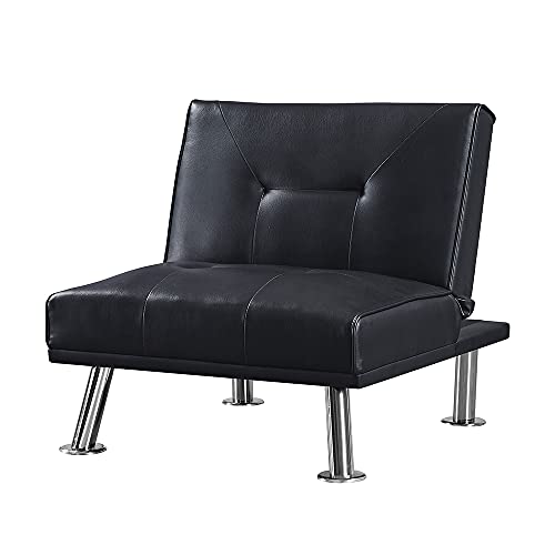 UNIROI Faux Leather Folding Futon Sofa Bed with 2 Cup Holders, Ottoman, Single Sleeper Sofabed w/Removable Armrest and Metal Legs, 3 Piece Living Room Funiture Set, Black