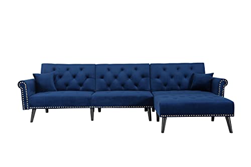 MOEO Button Tufted Convertible Sleeper Sectional Sofa with 2 Pillows and Reversible Chaise Lounge, L-Shaped Nailhead Decor Corner Couch for Living Room Furniture, Navy Blue