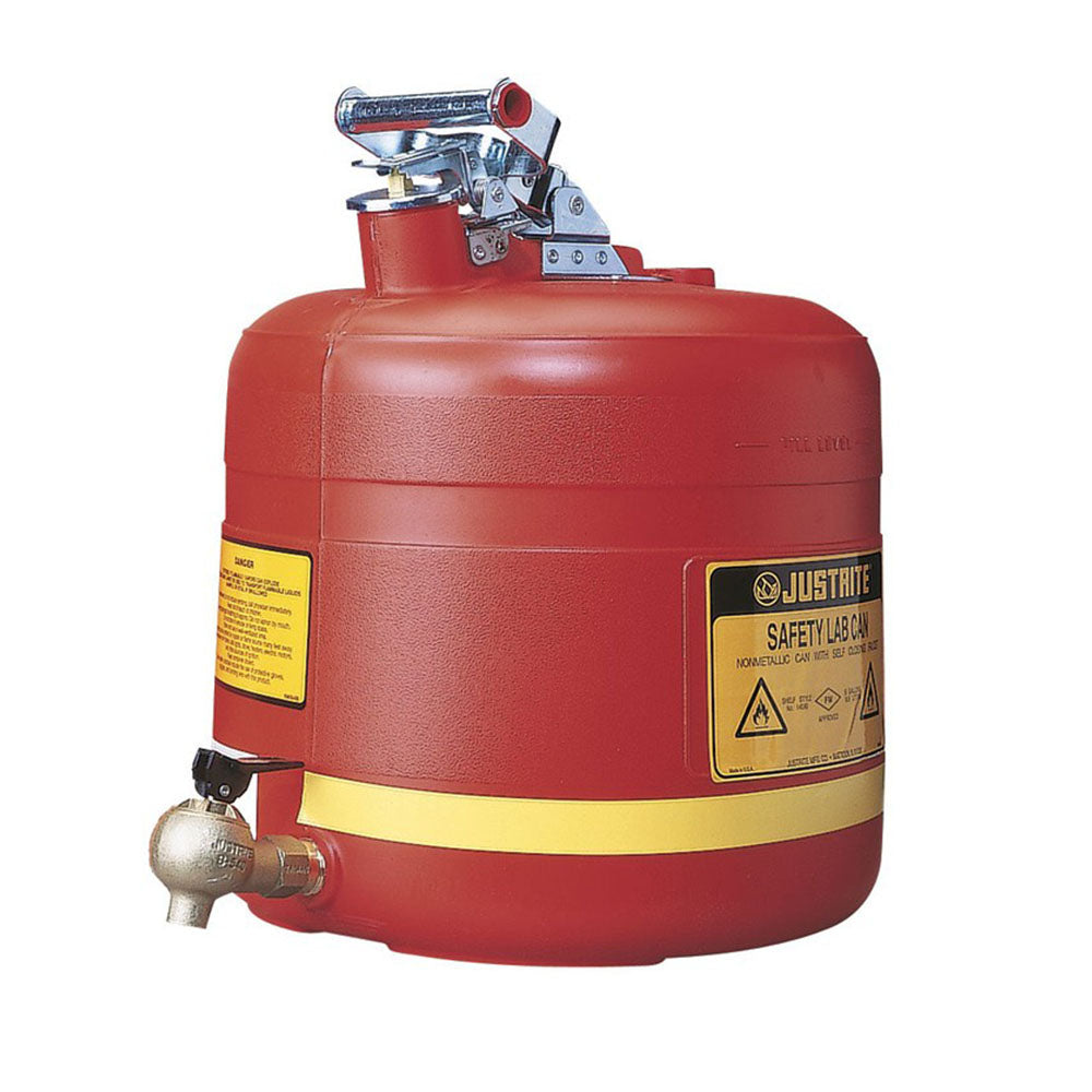 Justrite Safety Shelf Can, 5 Gallon, Bottom Self-Close Brass Faucet, Polyethylene