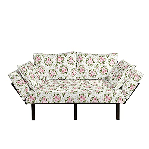 Lunarable Rose Futon Couch, Pattern with Pink Roses Bouquet Leaves Branches Girly English Design Art, Daybed with Metal Frame Upholstered Sofa for Living Dorm, Loveseat, Pale Pink White Green