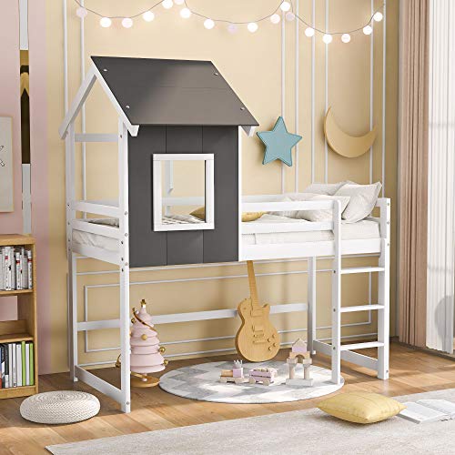 Harper & Bright Designs Twin Size House Bed with Roof and Window, Twin Size Loft Bed, Gray and White