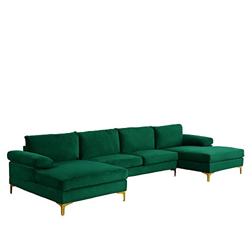 Casa Andrea Milano llc Modern Large Velvet Fabric Sectional Sofa Couch with Extra Wide Chaise Lounge with Golden Legs, U Shaped, Green