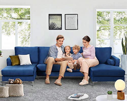 Harper&Bright Designs Sectional Sofa Set, Living Room Furniture Sofa Set, Modern Elegant Velvet Upholstered Couch with 2 Pillows (Navy Blue)