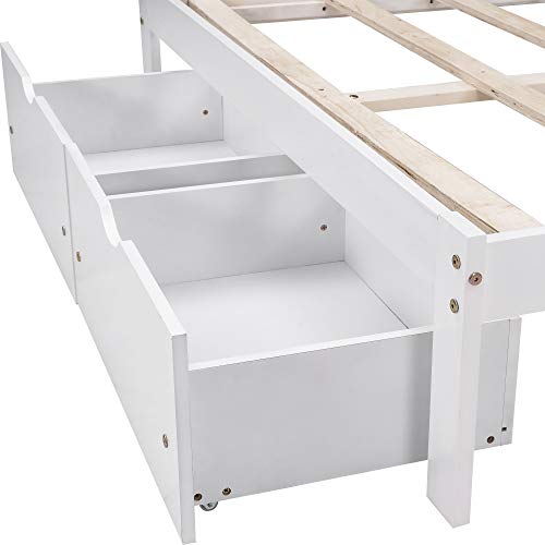 SOFTSEA Full Bed Platform Frame with Drawers, Wood Bed Frame White with Headboard/Wood Slat for Kids Teens, No Box Spring Needed (Full, White)