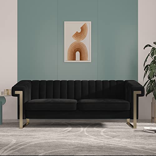 MGH Modern Velvet Sofa,Channel Tufted Velvet Sofa Couch with Stainless Steel Base and Comfortable Cushion,83.86“ Lx 30.71“ Wx 30.51“ H (Black)