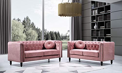 Container Furniture Direct Kittleson Mid Century Velvet Upholstered Nailhead Chesterfield, Sofa, Natural Pink