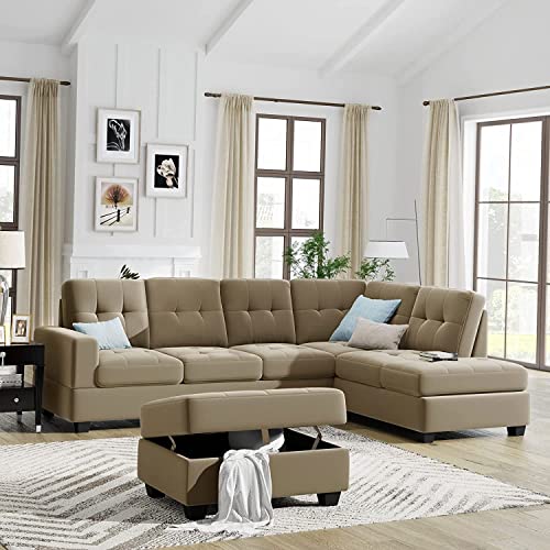 GAOPAN L-Shaped Tufted Cushion Corner Couch Velvet Upholstery Sectional Sofa Easy Assemble with Storage Ottoman and Reversible Chaise Lounge for Home & Apartment Living Room Furniture Sets, Brown