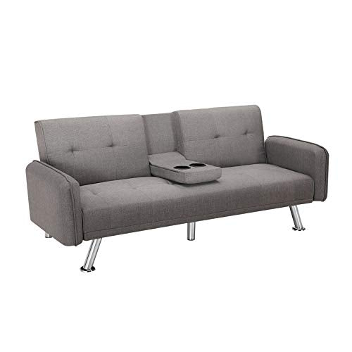 Convertible Futon Sofa Bed Folding Couch Sleeper with Armrest Recliner Couch w/Metal Legs, 2 Cupholders for Compact Living Space, Apartment, Dorm, Bonus Room Light Grey