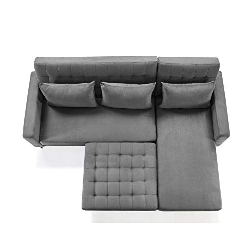 Orisfur. Sectional Couch with Three Pillows, L-Shape Upholstered Sofa Bed with Modern Elegant Velvet for Living Room Apartment (Grey)