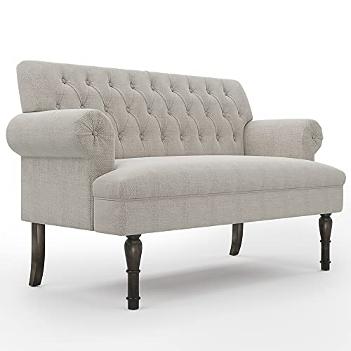 Merax 58” Light Beige Linen Button Tufted Scrolled Arm Loveseat Sofa Couches, Chesterfield Settee Bench with High Wooden Legs (Pillows not Included)