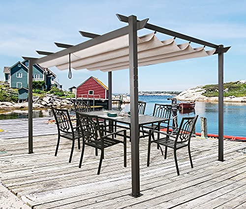 Patio Tree 10' x 13' Aluminum Pergola with Sun Shade Gazebo Beige Canopy, UV Resistant Fabric