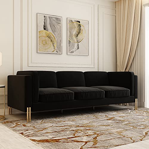 FHDLDS Modern Chesterfield Sofa,Contemporary Velvet Sofa Couch with Removable Cushions and Stainless Steel Base,94.88 Inch Upholstered Futon Sofas for Living Room (Black-94.88 Inch)