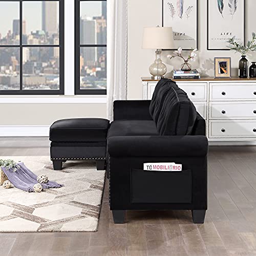 LUMISOL Velvet Sofa Couch with Rolled Arm L-Shaped Convertible Sectional Sofa with Ottoman and Nailhead Trim,Black