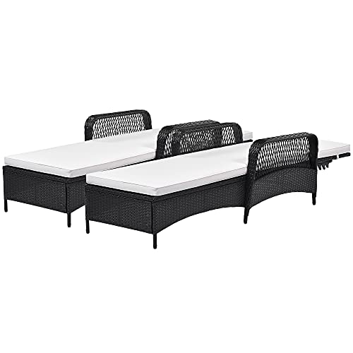 Outdoor PE Wicker Chaise Lounge Chair, Patio Rattan Chair Sun Lounger with Armrest, Adjustable Backrest, Beige Cushion, Black Wicker (2 Sets)