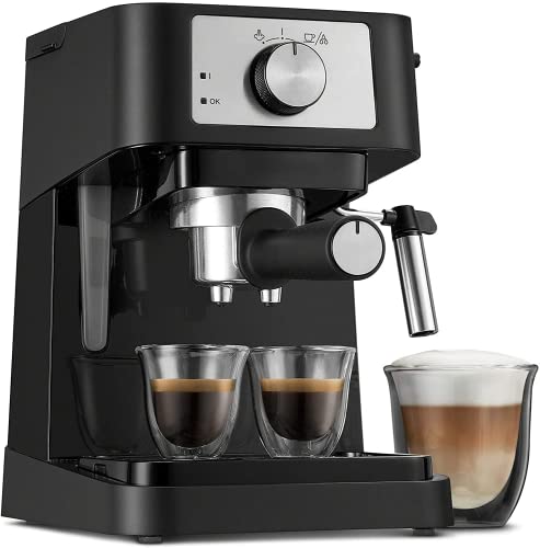 Stilosa Manual Espresso Machine, Latte & Cappuccino Maker, 15 Bar Pump Pressure + Manual Milk Frother Steam Wand, Black/Stainless